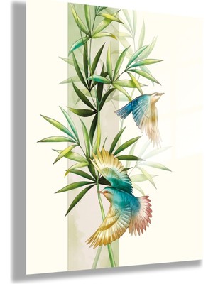 Temperli Cam Tablo Renkli Kuşlar ve Yapraklar