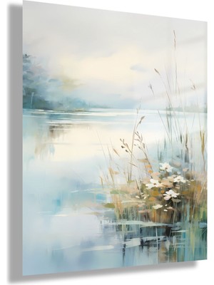 Gaagart Temperli Cam Tablo Soyut Çiçekler ve Mavi Göl Manzarası