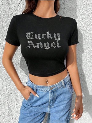 Gossip Team Hoodie Outdoor Siyah Pullu Lucky Angel  Crop Bluz