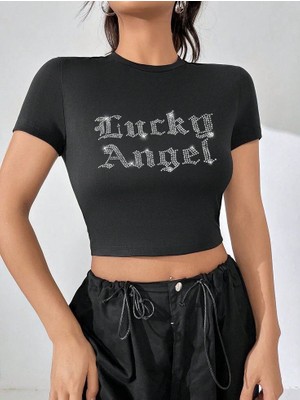 Gossip Team Hoodie Outdoor Siyah Pullu Lucky Angel  Crop Bluz