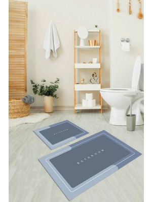 Napoli Home Dijital Baskılı Kaymaz Yıkanabilir Bathroom Ikili Banyo Takımı Klozet Takımı, N-Klozet-01-Mavi,