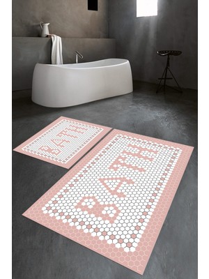 Napoli Home Dijital Baskılı Kaymaz Yıkanabilir Bath Ikili Banyo Takımı Klozet Takımı, N-Klozet-07-Pembe,