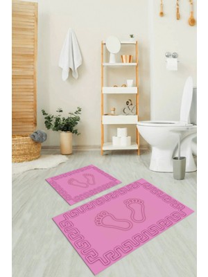 Napoli Home Dijital Baskılı Kaymaz Yıkanabilir Ayak Desen Ikili Banyo Takımı Klozet Takımı, N-Klozet-18-Pembe,