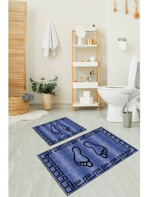 Napoli Home Dijital Baskılı Kaymaz Yıkanabilir Ayak Desen Ikili Banyo Takımı Klozet Takımı, N-Klozet-19-Mavi,
