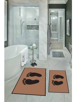 Napoli Home Dijital Baskılı Kaymaz Yıkanabilir Ayak Desen Ikili Banyo Takımı Klozet Takımı, N-Klozet-21-Kahve,