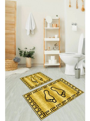 Napoli Home Dijital Baskılı Kaymaz Yıkanabilir Ayak Desen Ikili Banyo Takımı Klozet Takımı, N-Klozet-19-Sarı,