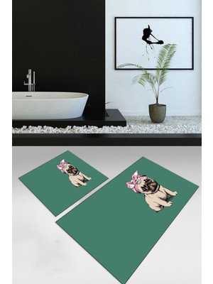 Napoli Home Dijital Baskılı Kaymaz Yıkanabilir Köpek Desen Ikili Banyo Takımı Klozet Takımı, N-Klozet-38-Yeşil,