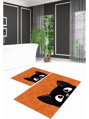 Napoli Home Dijital Baskılı Kaymaz Yıkanabilir Kedi Desen Ikili Banyo Takımı Klozet Takımı, N-Klozet-40-Turuncu,