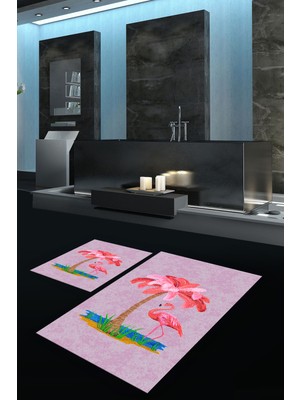 Napoli Home Dijital Baskılı Kaymaz Taban Yıkanabilir Ikili Banyo Takımı Klozet Takımı, N-Klozet-30-Pembe,