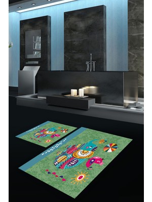 Napoli Home Dijital Baskılı Kaymaz Yıkanabilir Fil Desen Ikili Banyo Takımı Klozet Takımı, N-Klozet-31-Yeşil,