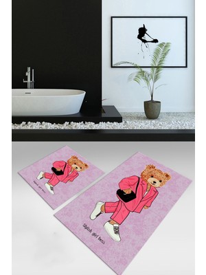 Napoli Home Dijital Baskılı Kaymaz Taban Yıkanabilir Ikili Banyo Takımı Klozet Takımı, N-Klozet-34-Pembe,