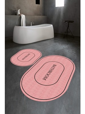 Napoli Home Dijital Baskılı Kaymaz Yıkanabilir Bathroom Oval Banyo Takımı Klozet Takımı, N-O-Klozet-04-Pembe,