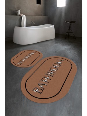 Napoli Home Dijital Baskılı Kaymaz Yıkanabilir Bathroom Oval Banyo Takımı Klozet Takımı, N-O-Klozet-06-Kahve,