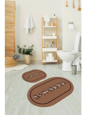 Napoli Home Dijital Baskılı Kaymaz Yıkanabilir Bathroom Oval Banyo Takımı Klozet Takımı, N-O-Klozet-06-Kahve,