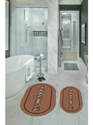 Napoli Home Dijital Baskılı Kaymaz Yıkanabilir Bathroom Oval Banyo Takımı Klozet Takımı, N-O-Klozet-06-Kahve,