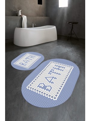 Napoli Home Dijital Baskılı Kaymaz Yıkanabilir Bath Oval Banyo Takımı Klozet Takımı, N-O-Klozet-07-Mavi,