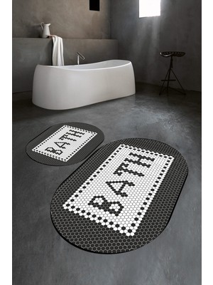 Napoli Home Dijital Baskılı Kaymaz Yıkanabilir Bath Oval Banyo Takımı Klozet Takımı, N-O-Klozet-07-Siyah,