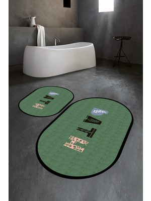 Napoli Home Dijital Baskılı Kaymaz Yıkanabilir Bath Oval Banyo Takımı Klozet Takımı, N-O-Klozet-08-Yeşil,