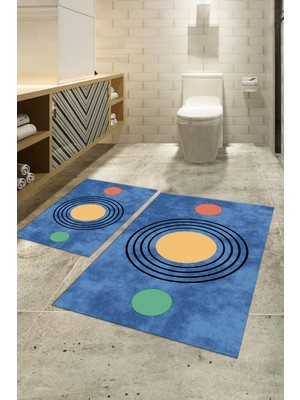 Napoli Home Dijital Baskılı Kaymaz Taban Yıkanabilir Ikili Banyo Takımı Klozet Takımı, N-Klozet-49-Mavi,