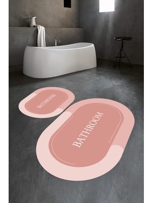Napoli Home Dijital Baskılı Kaymaz Yıkanabilir Bathroom Oval Banyo Takımı Klozet Takımı, N-O-Klozet-02-Pembe,