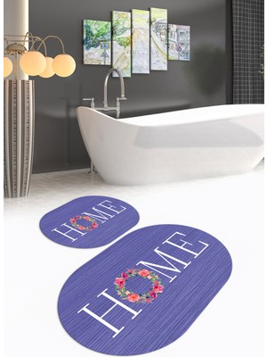 Napoli Home Dijital Baskılı Kaymaz Yıkanabilir Home Oval Banyo Takımı Klozet Takımı, N-O-Klozet-12-Mor,