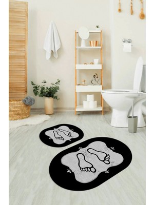 Napoli Home Dijital Baskılı Kaymaz Yıkanabilir Ayak Desen Oval Banyo Takımı Klozet Takımı, N-O-Klozet-20-Gri,