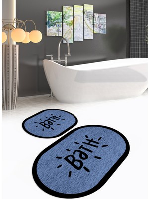 Napoli Home Dijital Baskılı Kaymaz Yıkanabilir Bath Oval Banyo Takımı Klozet Takımı, N-O-Klozet-10-Mavi,