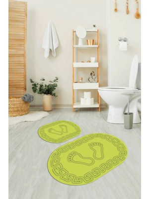 Napoli Home Dijital Baskılı Kaymaz Yıkanabilir Ayak Desen Oval Banyo Takımı Klozet Takımı, N-O-Klozet-18-Yeşil,