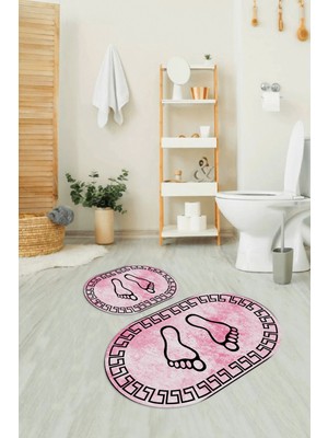 Napoli Home Dijital Baskılı Kaymaz Yıkanabilir Ayak Desen Oval Banyo Takımı Klozet Takımı, N-O-Klozet-19-Pembe,