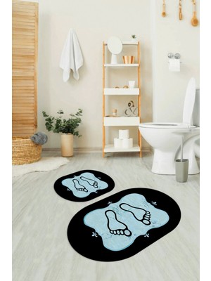 Napoli Home Dijital Baskılı Kaymaz Yıkanabilir Ayak Desen Oval Banyo Takımı Klozet Takımı, N-O-Klozet-20-Mavi,