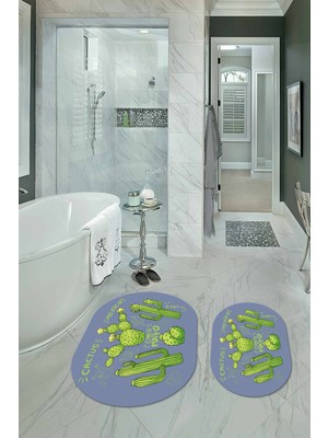 Napoli Home Dijital Baskılı Kaymaz Yıkanabilir Kaktüs Oval Banyo Takımı Klozet Takımı, N-O-Klozet-23-Mavi,