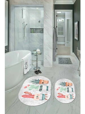 Napoli Home Dijital Baskılı Kaymaz Yıkanabilir Kaktüs Oval Banyo Takımı Klozet Takımı, N-O-Klozet-24-Gri,