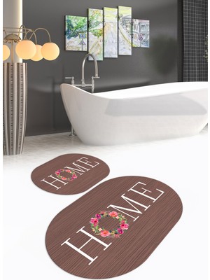 Napoli Home Dijital Baskılı Kaymaz Yıkanabilir Home Oval Banyo Takımı Klozet Takımı, N-O-Klozet-12-Kahve,