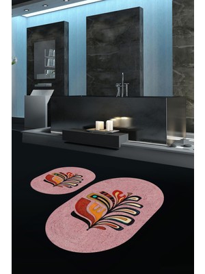 Napoli Home Dijital Baskılı Kaymaz Taban Yıkanabilir Oval Banyo Takımı Klozet Takımı, N-O-Klozet-27-Pembe,