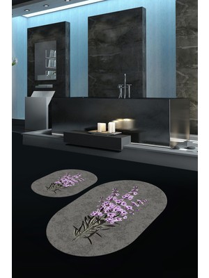 Napoli Home Dijital Baskılı Kaymaz Taban Yıkanabilir Oval Banyo Takımı Klozet Takımı, N-O-Klozet-29-Gri,