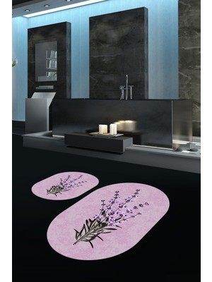 Napoli Home Dijital Baskılı Kaymaz Taban Yıkanabilir Oval Banyo Takımı Klozet Takımı, N-O-Klozet-29-Pembe,