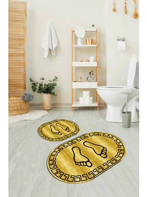 Napoli Home Dijital Baskılı Kaymaz Yıkanabilir Ayak Desen Oval Banyo Takımı Klozet Takımı, N-O-Klozet-19-Sarı,