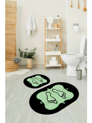Napoli Home Dijital Baskılı Kaymaz Yıkanabilir Ayak Desen Oval Banyo Takımı Klozet Takımı, N-O-Klozet-20-Yeşil,