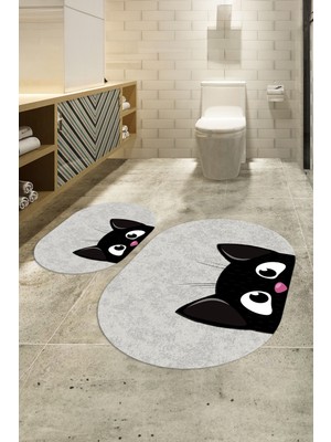 Napoli Home Dijital Kaymaz Yıkanabilir Kedi Desen Oval Banyo Takımı Klozet Takımı, N-O-Klozet-40-Gri,