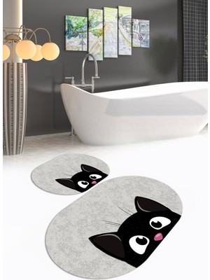 Napoli Home Dijital Kaymaz Yıkanabilir Kedi Desen Oval Banyo Takımı Klozet Takımı, N-O-Klozet-40-Gri,