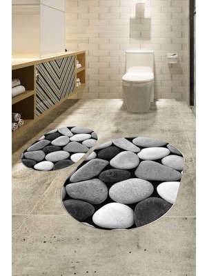 Napoli Home 3D Dijital Baskılı Kaymaz Taban Yıkanabilir Oval Banyo Takımı Klozet Takımı, N-O-Klozet-46-Gri,