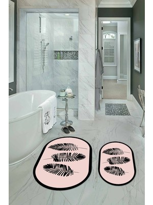 Napoli Home Dijital Baskılı Kaymaz Yıkanabilir Yaprak Oval Banyo Takımı Klozet Takımı, N-O-Klozet-26-Pembe,