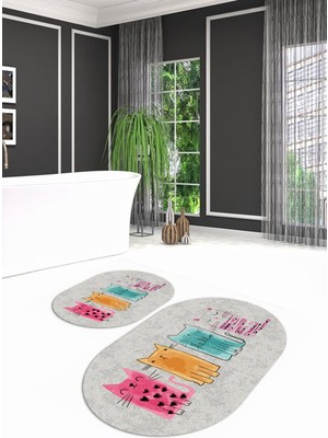 Napoli Home Dijital Kaymaz Yıkanabilir Kedi Desen Oval Banyo Takımı Klozet Takımı, N-O-Klozet-41-Gri,