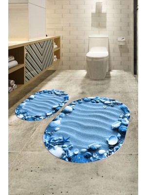 Napoli Home 3D Dijital Baskılı Kaymaz Taban Yıkanabilir Oval Banyo Takımı Klozet Takımı, N-O-Klozet-47-Mavi,
