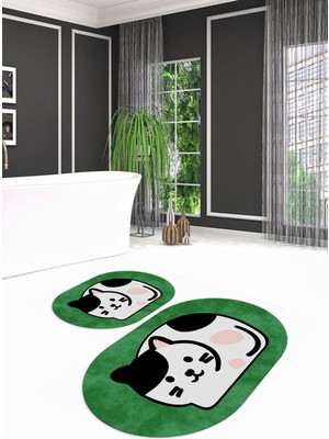 Napoli Home Dijital Kaymaz Yıkanabilir Kedi Desen Oval Banyo Takımı Klozet Takımı, N-O-Klozet-43-Yeşil,