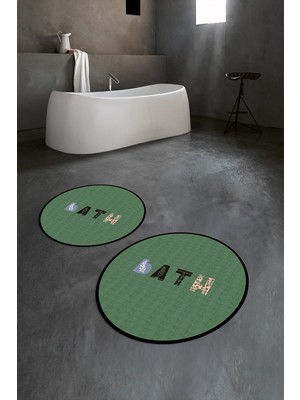 Napoli Home Dijital Baskılı Kaymaz Yıkanabilir Bath Yuvarlak Ikili Banyo Takımı, N-Y-Klozet-08-Yeşil,