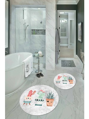 Napoli Home Dijital Baskılı Kaymaz Yıkanabilir Kaktüs Yuvarlak Ikili Banyo Takımı, N-Y-Klozet-24-Gri,