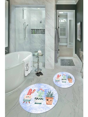 Napoli Home Dijital Baskılı Kaymaz Yıkanabilir Kaktüs Yuvarlak Ikili Banyo Takımı, N-Y-Klozet-24-Mavi,