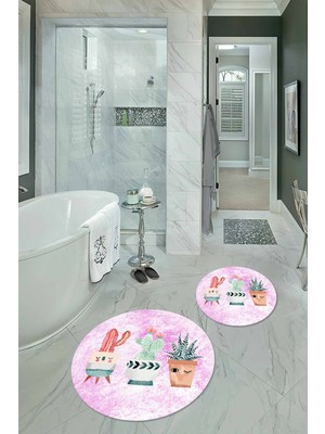 Napoli Home Dijital Baskılı Kaymaz Yıkanabilir Kaktüs Yuvarlak Ikili Banyo Takımı, N-Y-Klozet-24-Pembe,