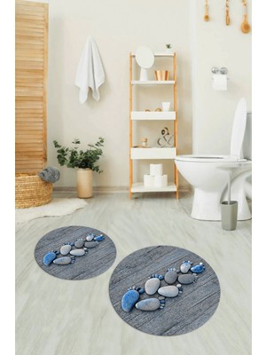 Napoli Home 3D Dijital Baskılı Kaymaz Taban Yıkanabilir Yuvarlak Ikili Banyo Takımı, N-Y-Klozet-15-Mavi,